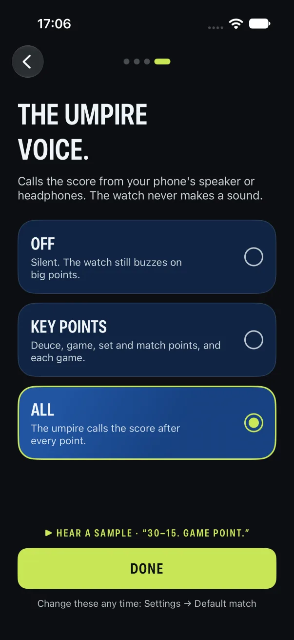 Deucey setup: choosing the score call, off, key points only, or every point